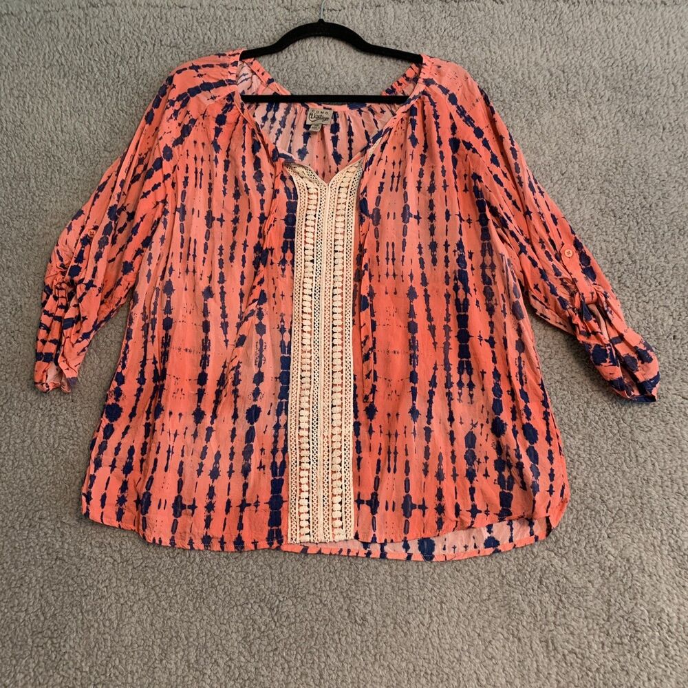 Como Vintage tie dye Peasant Top Crocheted Size XXL Blue Salmon Bohemian